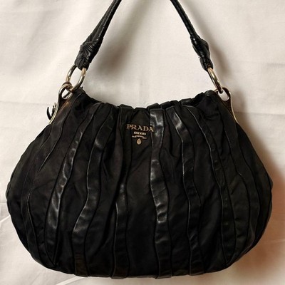 PRADA Tessuto Nappa Stripe Hobo Shoulder Bag Black