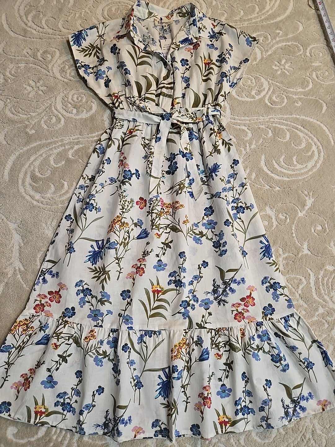 NWT Lapogee Cotton Linen Blue White Pink Floral Midi Dress Size M Ruffle Belt