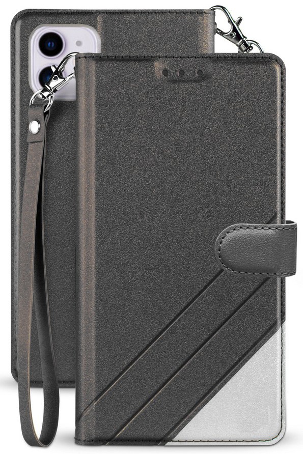 Black Wallet Case ID Card Slot Wrist Strap Lanyard for Apple iPhone 12 / 12 Pro