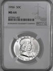 1956-P  50C FRANKLIN SILVER HALF DOLLAR NGC MS64 #6775551-027 (TONING SPOTS REV)