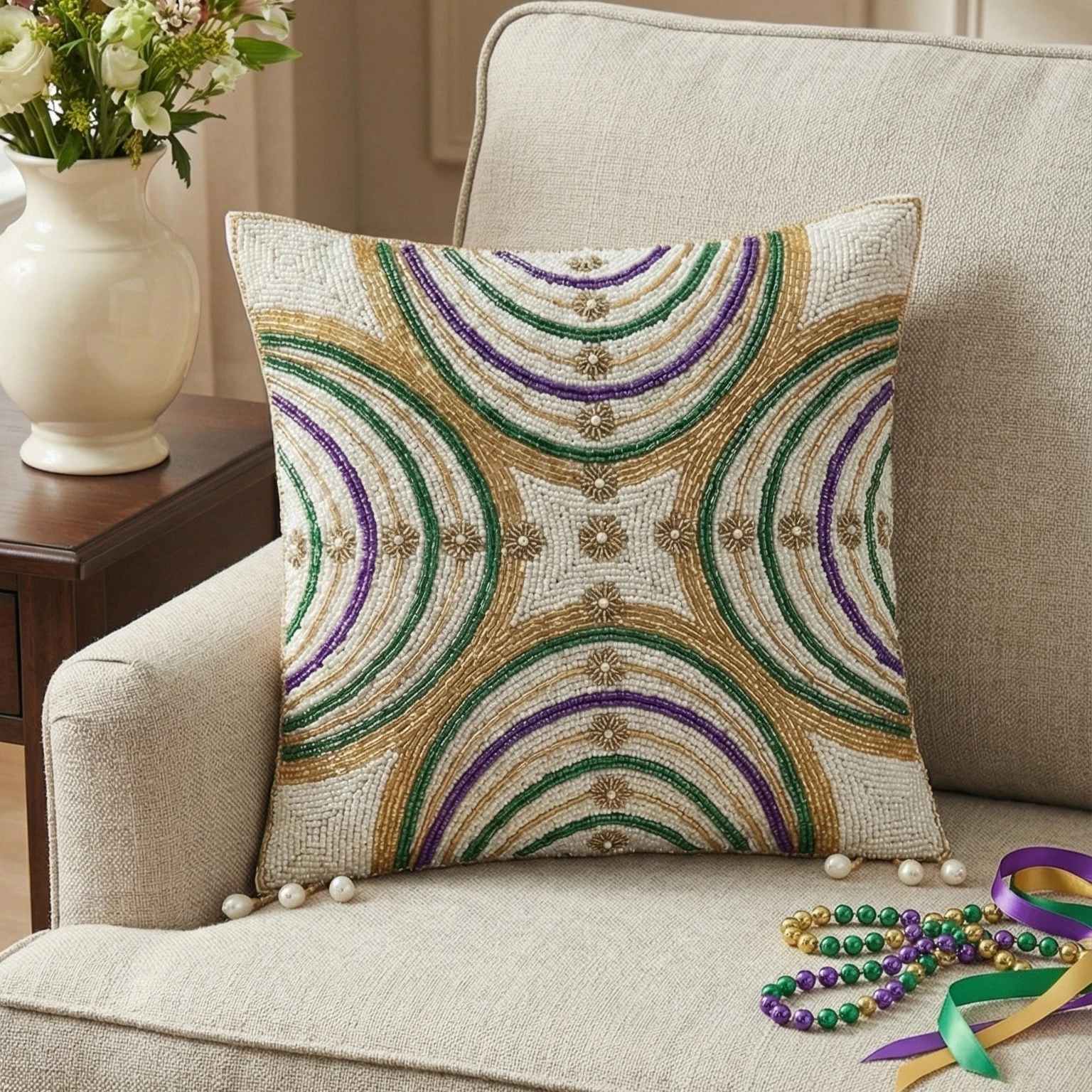 Mardi Gras Beaded Throw Pillow, Green Purple Gold Sequin Circles, 16x16 18x18
Opens in a new window