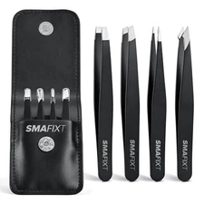 Tweezers Set 4-Piece Professional Stainless Eyebrow Hair Pluckers Eyelash +Case