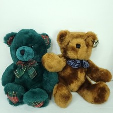 Lot of 2 Teddy Bear Brown Green Plaid Paws Bow Tie Plush Stuffed Animal 11"