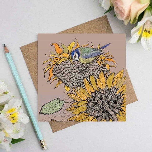 'Blue Tit and Sunflower' 155mm x 155mm Blank FSC Greeting Card 300gsm + Envelope