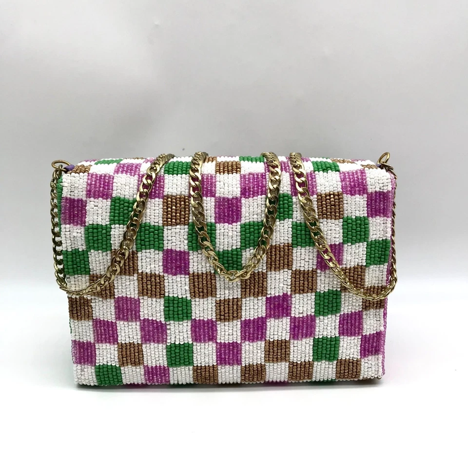 Moyna Purple Beaded Mardi Gras Checkered Crossbody Bag - Image 2 of 4