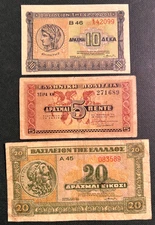 GREECE SET OF 3 BANKNOTES  1940-41   20, 10, 5 DRACHMAI  P-314, 315, 319
