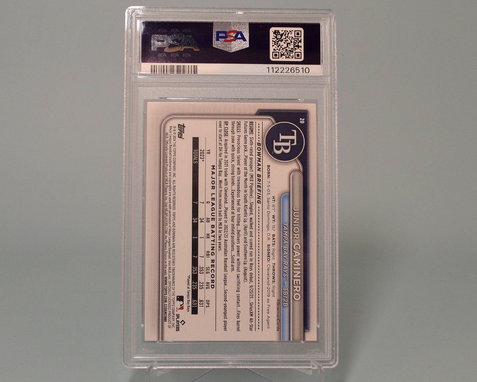 Junior CAMINERO 2024 Bowman Rookie Blue Pattern Parallel /125 PSA 10 view 2