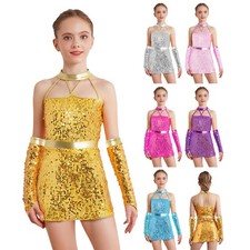 US Kids Girls Sparkly Dance Outfit Shiny Sequin Dance Leotard Dress With Gloves