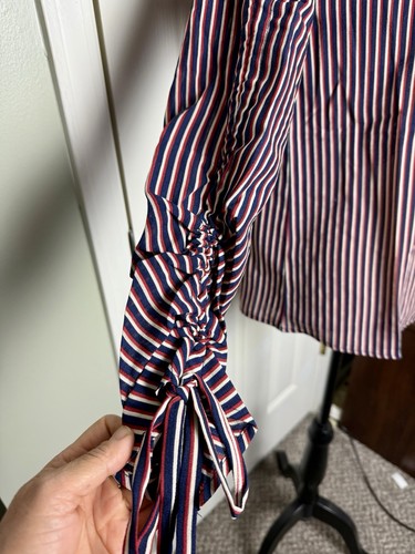 Neu mit Etikett marineblau rot weiß gestreifte schulterfreie Boho-Tunika mit Bindeärmeln schicke Bluse Damen S - Bild 4 von 9