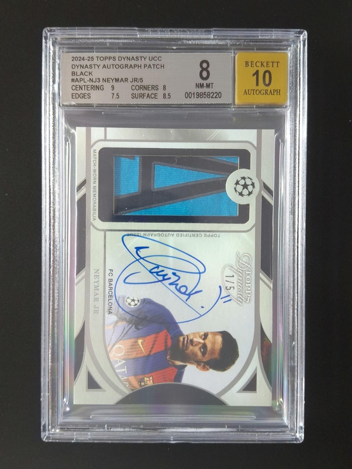 2024-25 Topps Dynasty UEFA NEYMAR JR 1/5 Patch Auto Black #APL-NJ3 BGS 8