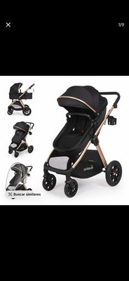 BIUSIKAN Black Gold Pushchair Single Adjustable Canopy Folding Rubber Tires