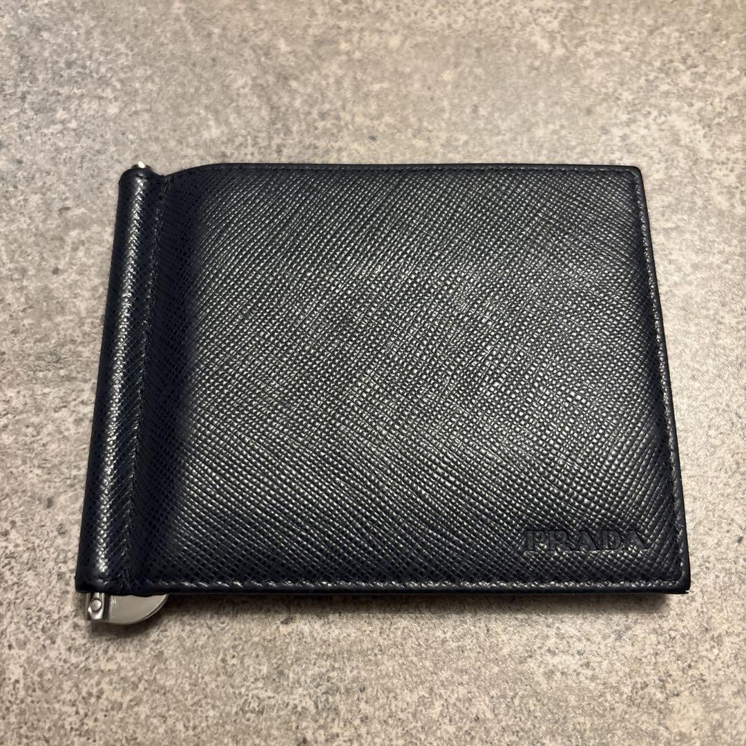 Prada Navy Leather Logo Money Clip Bifold Wallet Card Case for Men Made in Italy-image
