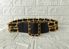 Cinturón CHANEL VINTAGE AÑOS 90 CUERO NEGRO TRENZADO CADENA ORO CINTURA ANCHA 80 (32")