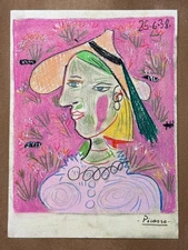 Pablo Picasso (Handmade) Mixed Media Paper Drawing Signed and Stamped