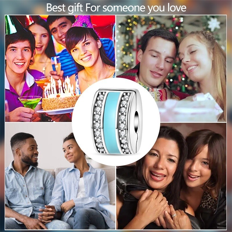 KUNSIR Blue Round Clip Bead Pave Colorful CZ 925 Sterling Silver European Charm