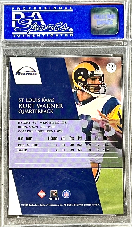 1999 Coll. Edge Kurt Warner #201P(银色)(名人堂)PSA 10 宝石完好(新秀卡) — 第 2/2 张图片