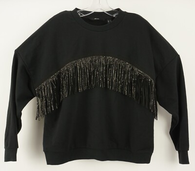 New VERO MODA Kaidyn Rhinestone Fringe Women's XS Black Crew Pullover Sweatshirt