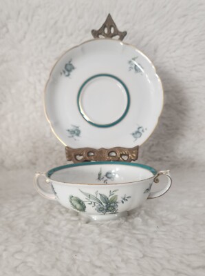 Royal Bayreuth Teal Tulip Tea Cream Soup Cup Saucer Set Green And White 