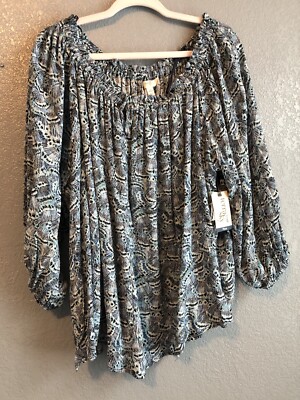 Terra & Sky Womens Tunic Top 1X 3/4 Sleeve Blue Depths Butterfly Boho Cottage