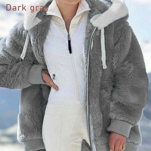Women's Winter Warm Loose Plush Plain Color Zipper Hooded Jacket Coat Plus - Picture 9 of 11