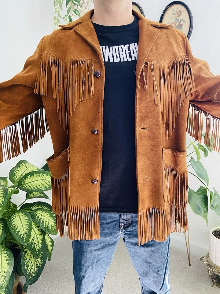 Chaqueta de cuero de gamuza con flecos Woodstock vintage años 60 abrigo Easy Rider para hombre S-M Foto 4 de 4