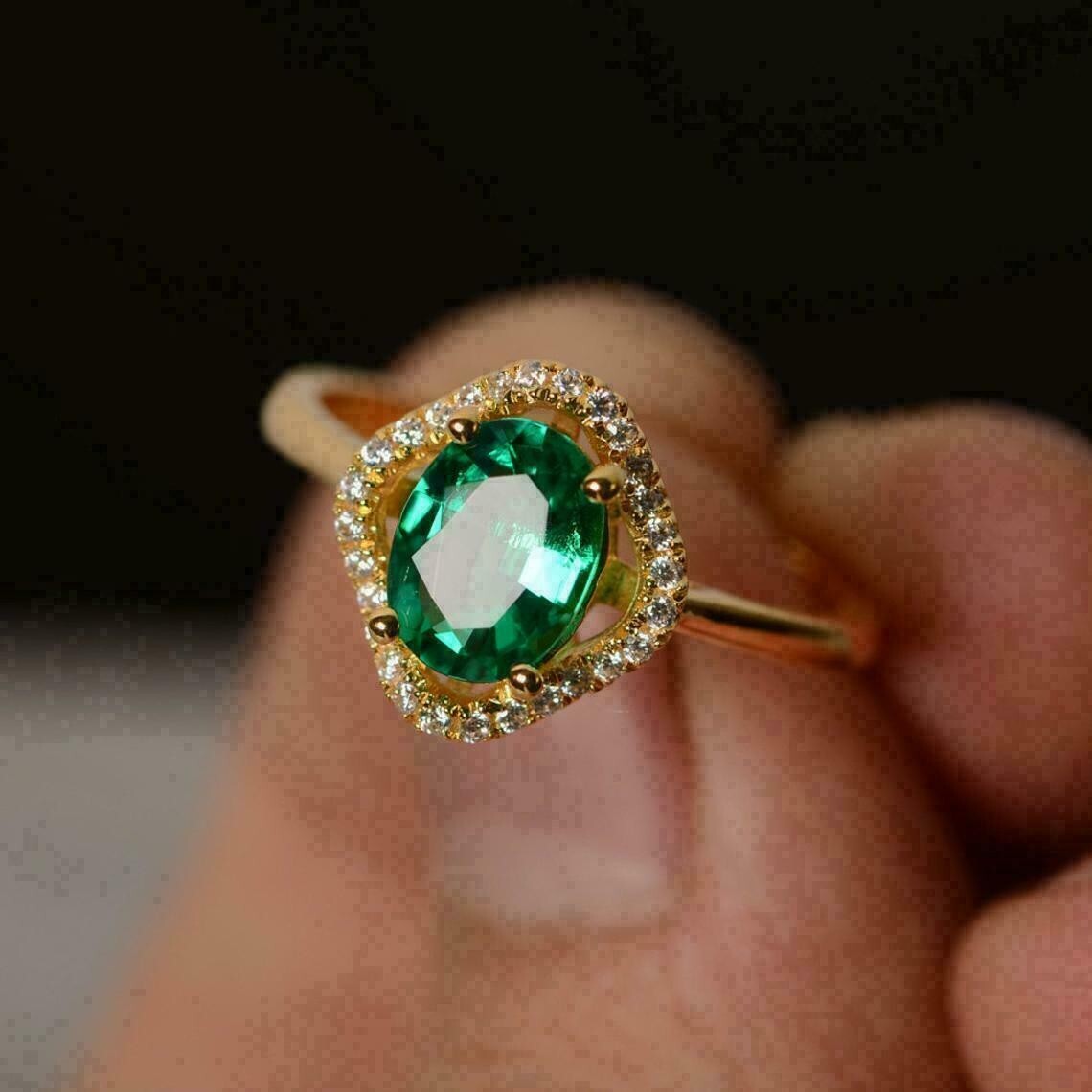 3Ct Lab Created Green Emerald Halo Women's Wedding Ring 14K Yellow Gold Finish