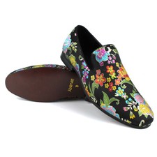 Mens Slip On Black Multi Color Floral Print Design Dress Shoes Loafer AZARMAN