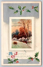 Holiday~A Joyful Christmas~Winter Stream Scene W/ Holly~Emb~Vintage Postcard
