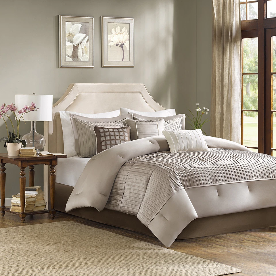 QUALITY BEAUTIFUL MODERN ELEGANT TAUPE BEIGE IVORY TEXTURED STRIPE BROWN COMFORTER SET