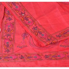 Sanskriti Vintage Pallu Fabric Pure Silk HandEmbroider Kantha Design Decor Craft
