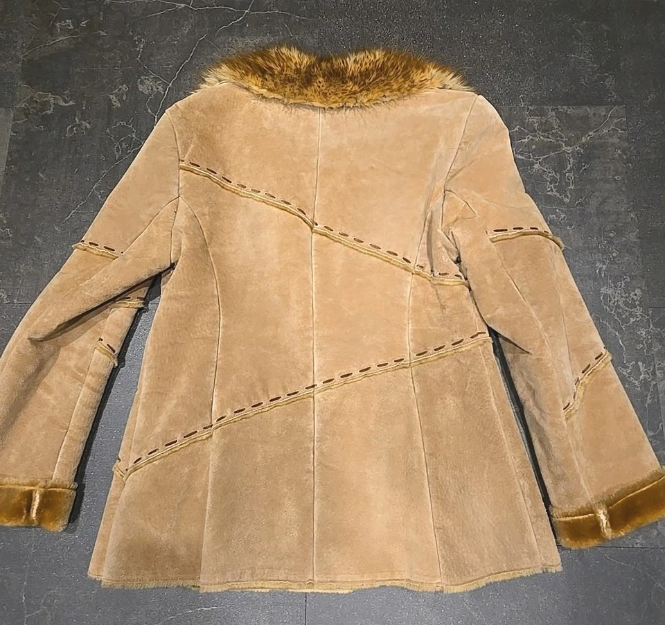 Winlit Leather Penny Lane  Patchwork Seam Faux Fur Trim Jacket Ladies Coat Sz M - Image 4 of 4