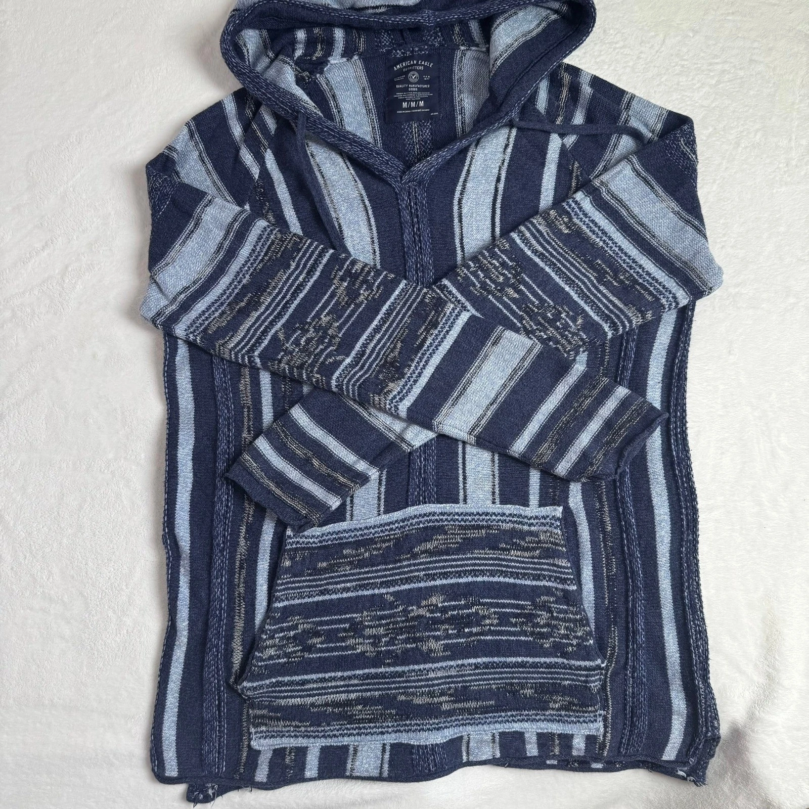 American Eagle Mens Blue Striped Baja Hoodie Knit Cotton Sweater Size M YEAR2014 image 13