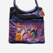 Laurel Burch 3 Cats Blue Lined Tote Bag 14" With BAG CHARM