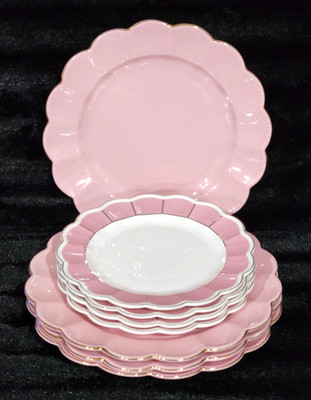 8 Grace Teaware Pink White Daisy Scallop Dinner Salad Plates Porcelain Gold Trim