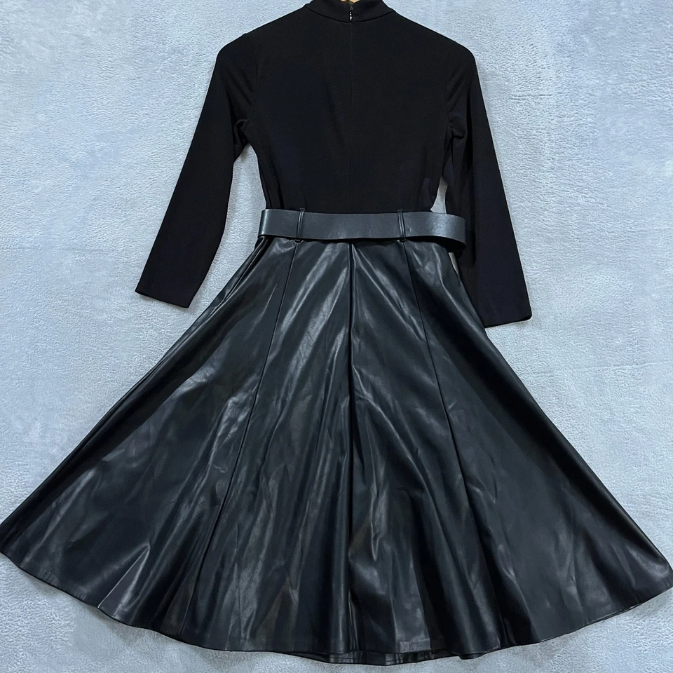 Calvin Klein Dress Womens 2 Black Faux Leather Mock Neck Fit & Flare Belted - Image 2 of 4