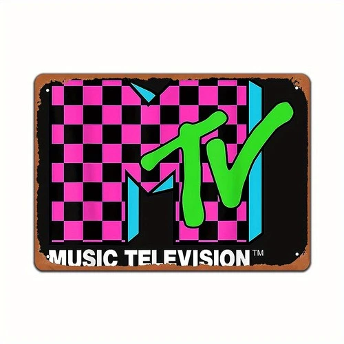 Vintage MTV Logo Pink Blue Checkered Tin Metal Signs Home Décor 8x12