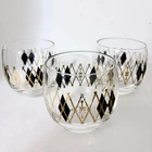 Vintage Federal Glass MCM Gold Black Harlequin Roly Poly Atomic Set of 3 Barware
