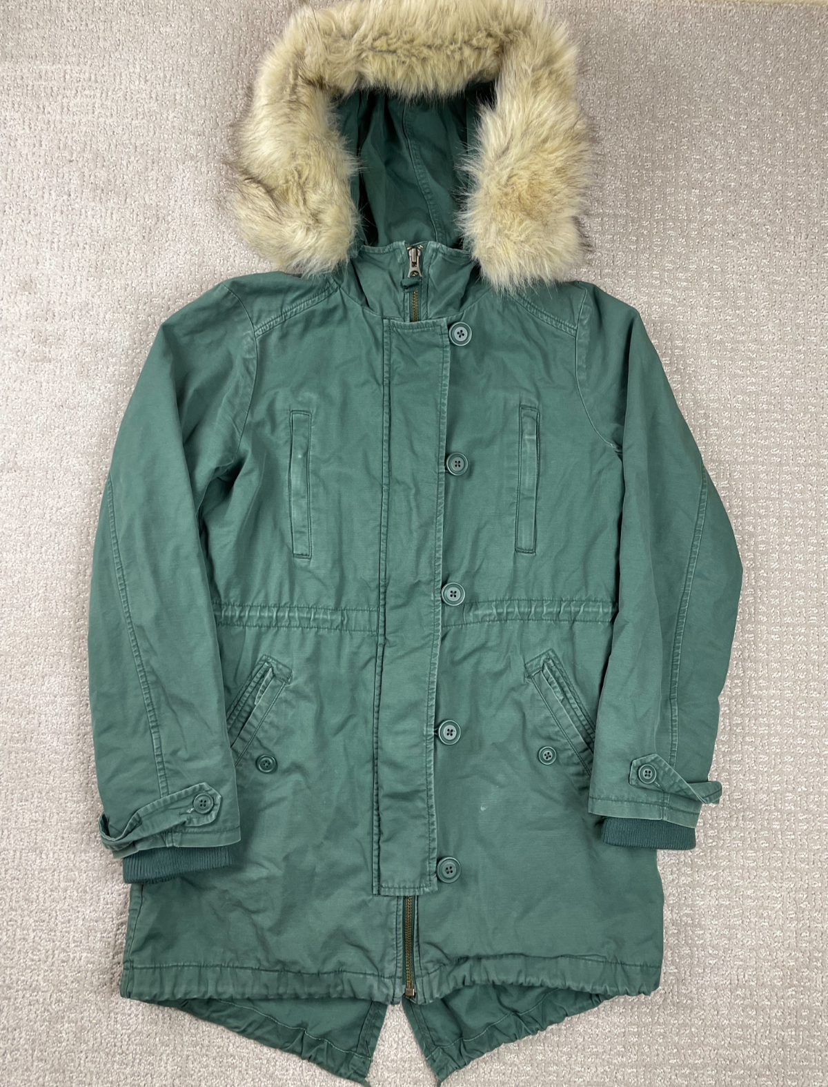 Y2K GAP Jacket Womens Size XS Green Fishtail Parka Faux Fur Hood Full Zip Button