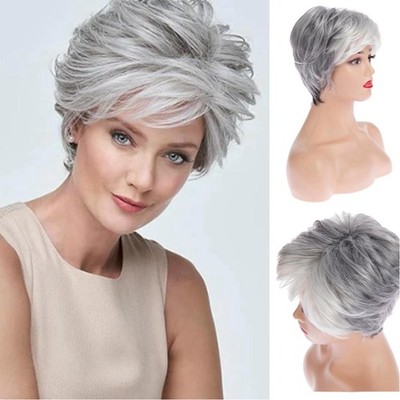 Kurze Graue Perücke für Weiße Frauen Pixie Cut Perücke mit Pony Natürliches S...