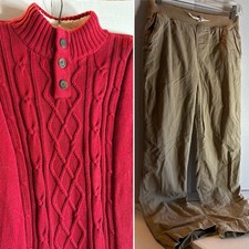 Boys Red Cable Knit Sweater  Matching Beige Pants Sz L 10 - 12 Lands End Preown