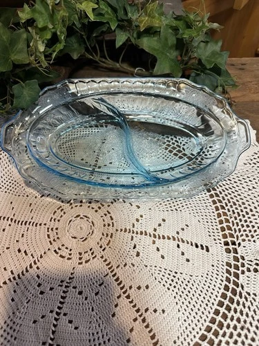 Anchor Hocking Mayfair Open Rose Blue Depression Glass Divided Dish