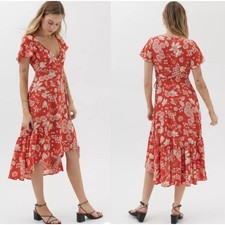 Urban Outfitters Floral Wrap Dress Hi-Low WMNS S Red Midi V-neck Short Sleeve