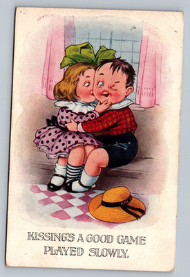 1915 Kissing's A Good Game Played Slow Cartoon Drawing Vintage Postcard