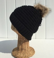 Winter Thick Warm Lined Knit With Faux Fur Pom Stretchy Beanie Ski Hat Black H