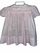 Vintage Nannette Dress Baby 9-12 Mo  Pink Smocked Floral Applique Ruffles