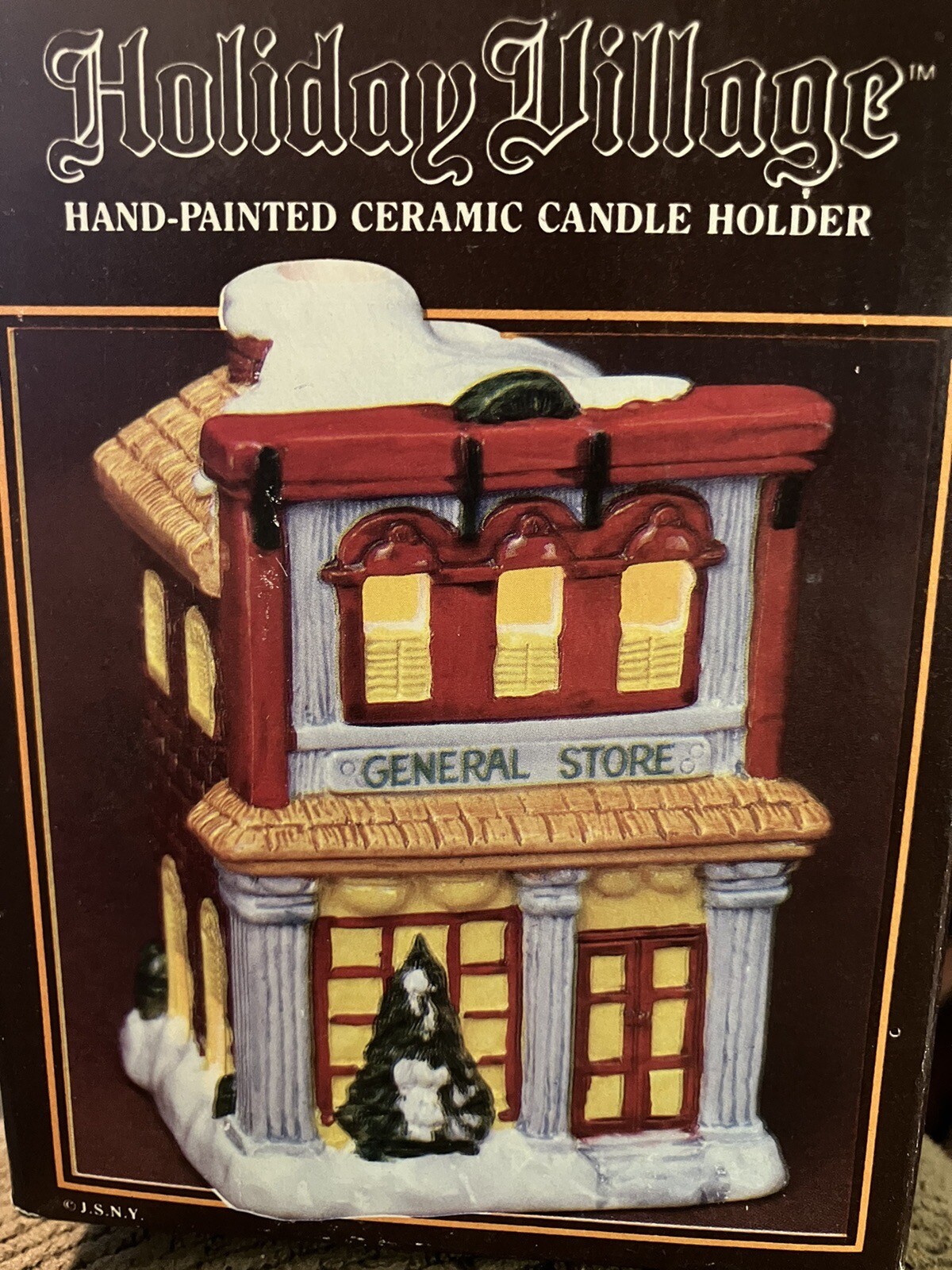 Holiday Village Ceramic Candle Holder Hand Painted General Store In Box