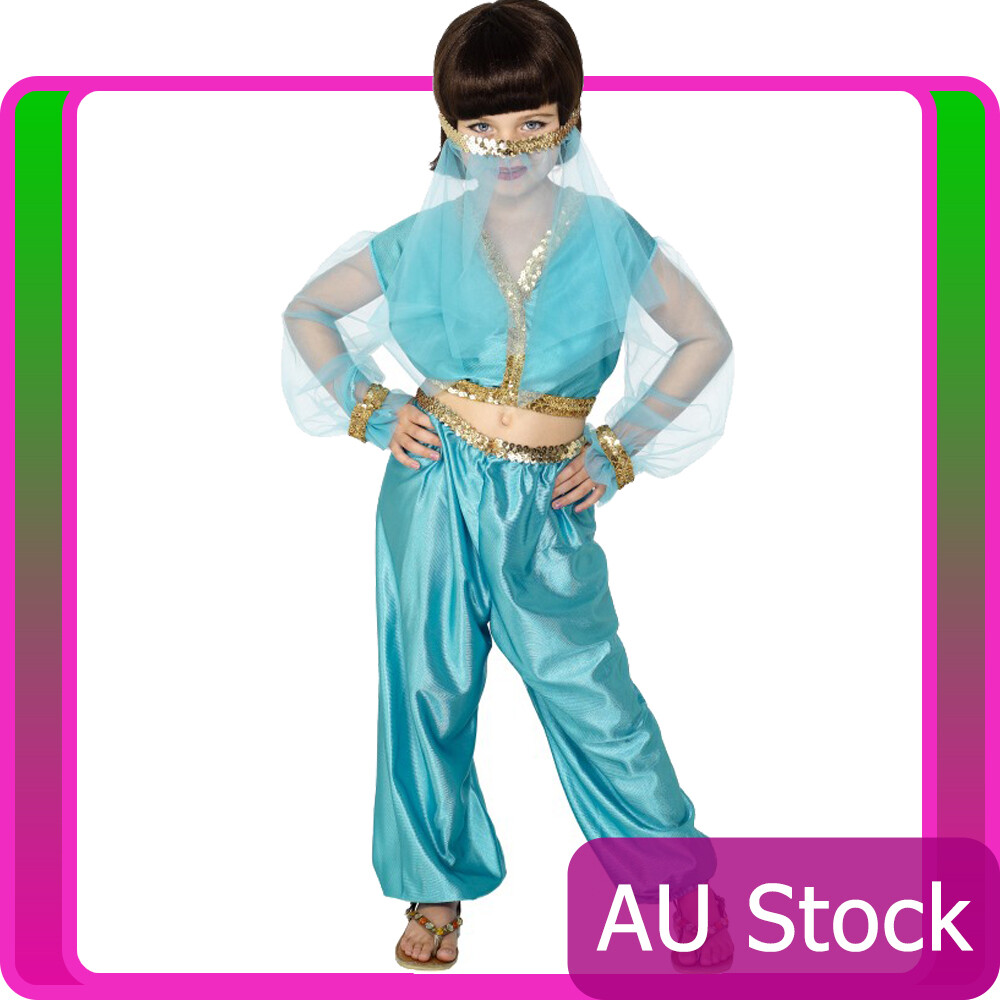 Girls Arabian Genie Aladdin Belly Costume Green Princess Jasmine Fancy Dress  | eBay
