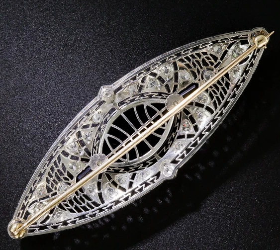 Large Art Deco 1.12CT Cubic Zirconia With Black Onyx Women Brooch Pin In Silver - Image 2 of 4