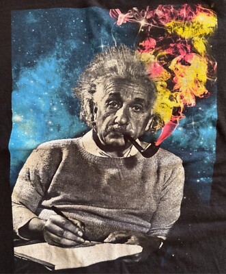 Albert Einstein smoking a pipe by Einstein Black graphic print T-shirt Science L