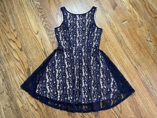 Vintage Y2K 2000s Seechless Navy Preppy Coquette Sheer Lace A-line Tank Dress M